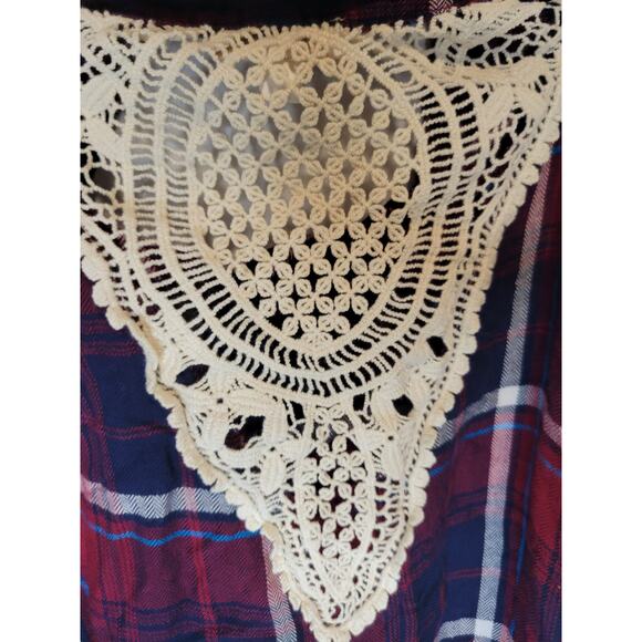 Charming Charlie Red Black White Flannel Shirt with Crochet Cutout-Small (S) - Picture 4 of 6